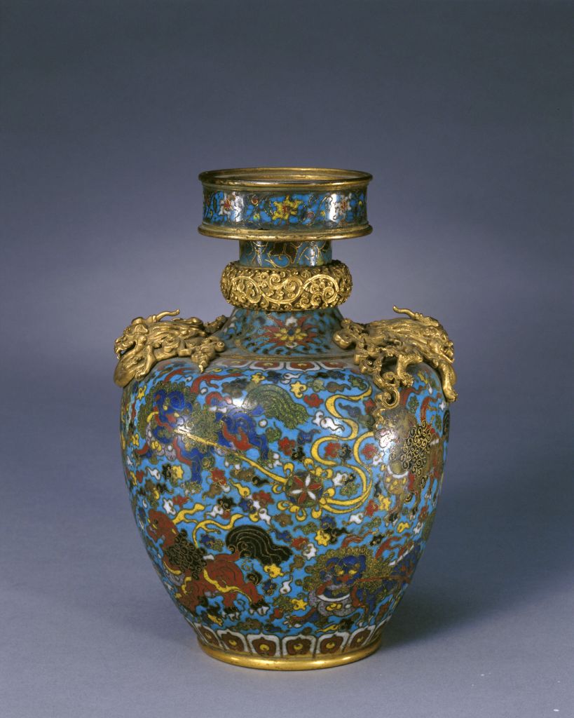 图片[1]-Jingtai style filigree enamel lion play ball pattern straw bottle-China Archive